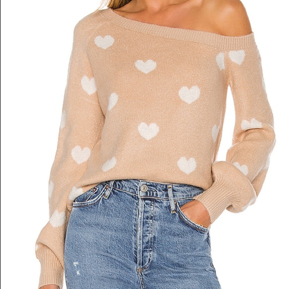 Lovers + Friends Tan and White Heart Sweater
